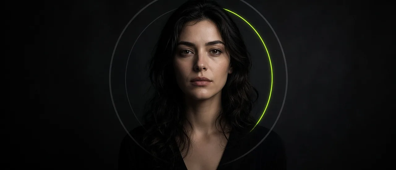 A portrait shown with a camera orbit control for rotation, tilt, and zoom
