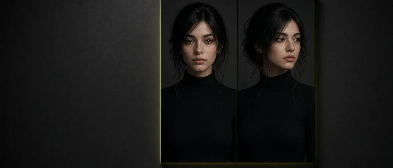 Two-panel character sheet of the same person, front and three-quarter, in a dark studio