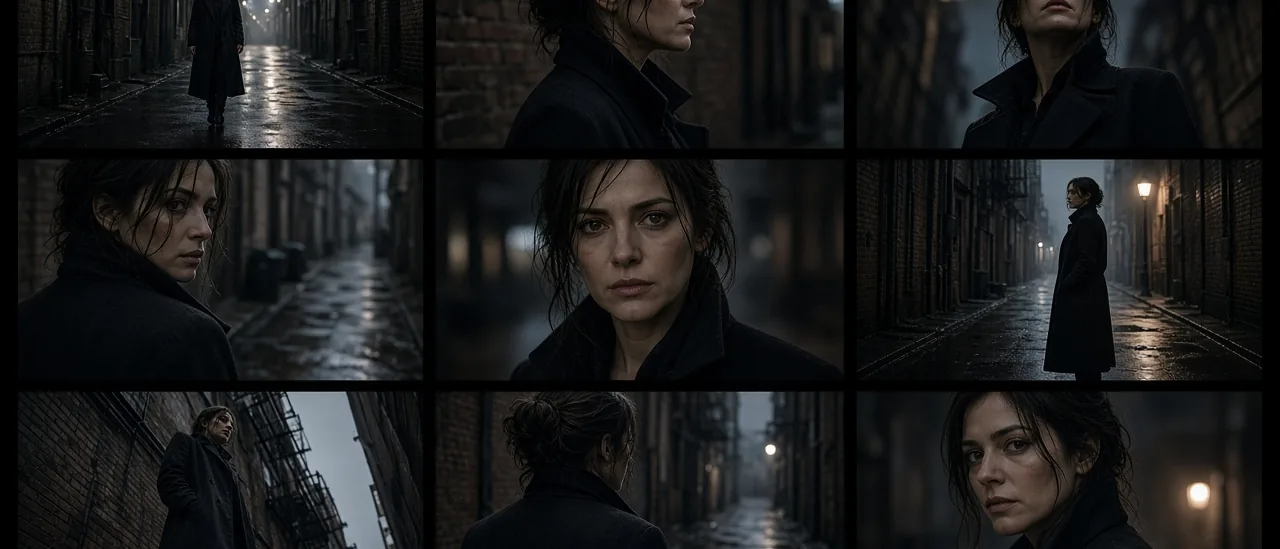 Nine cinematic camera angles of the same scene arranged as a contact sheet