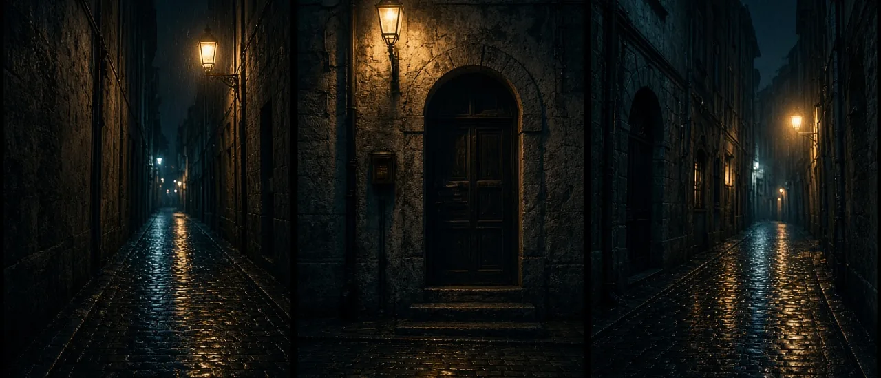 Multi-angle sheet of one rainy night alley used as a reusable film location
