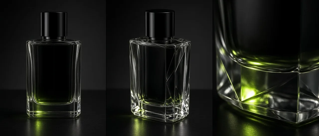 Contact sheet of one glass bottle photographed from several camera angles
