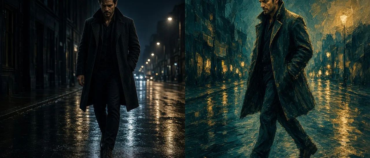 The same walking figure shown once as a night street clip and once restyled as a painted cinematic look