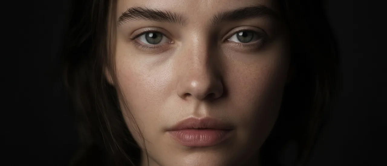 Close portrait with natural skin texture, pores visible, in soft studio light