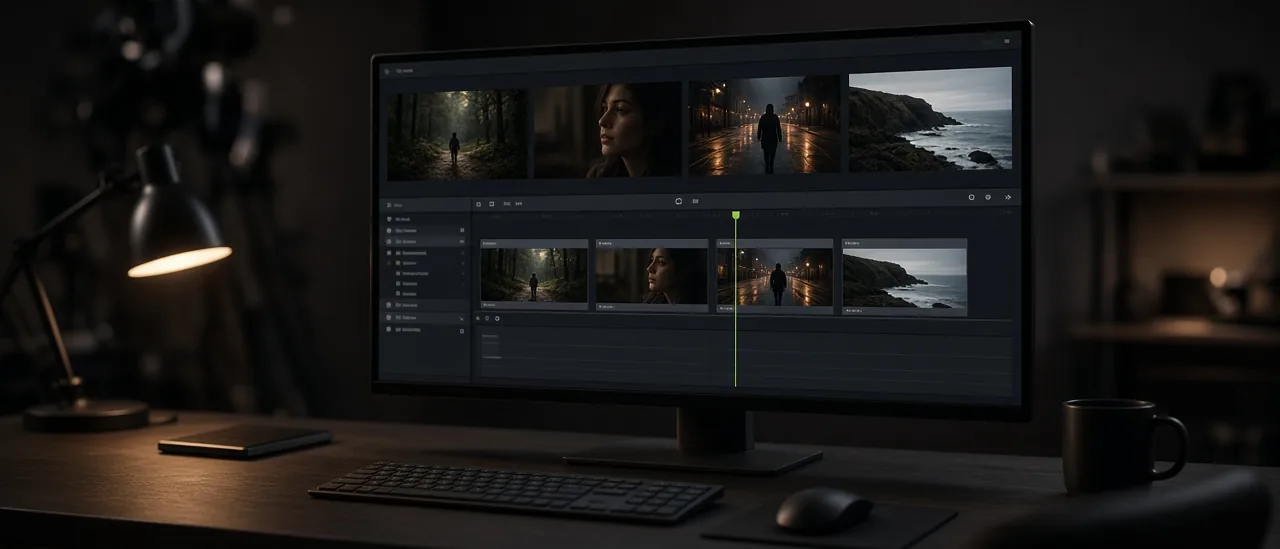 A dark video timeline with several AI clips trimmed and ordered into one sequence