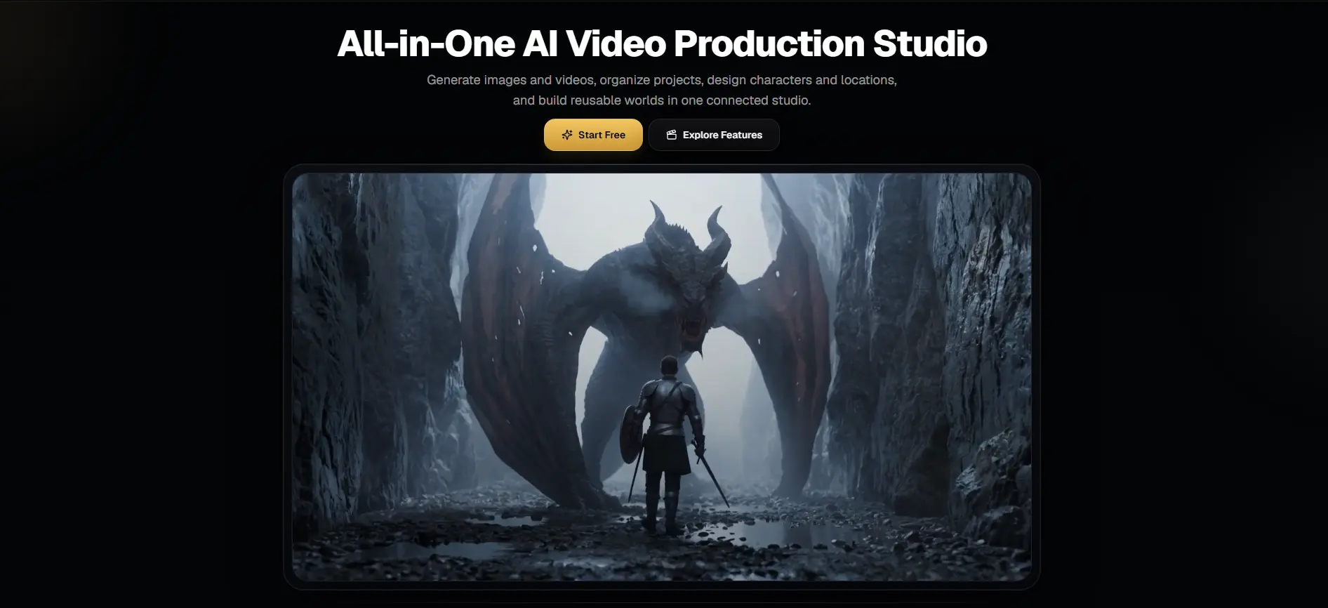 Cannon Studio All-in-One AI Video Production Studio interface featuring a cinematic scene with a dragon