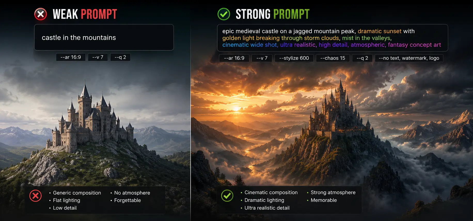 Comparison between weak AI prompts and cinematic structured Midjourney prompts