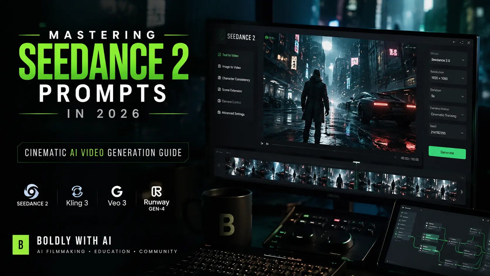Futuristic cinematic AI video generation interface with custom camera movements inside Seedance 2.0