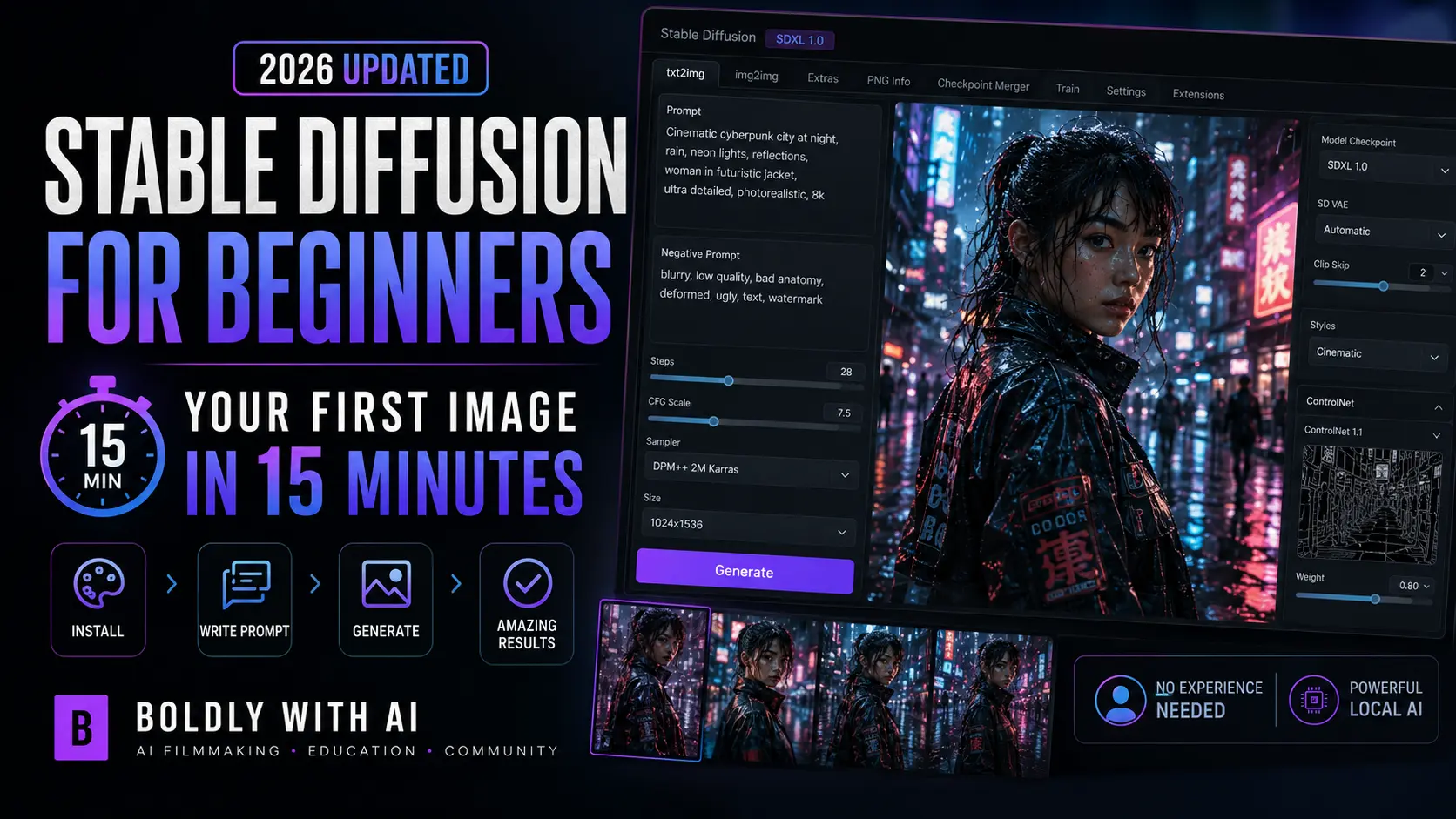 Modern Stable Diffusion AI art workflow interface in 2026